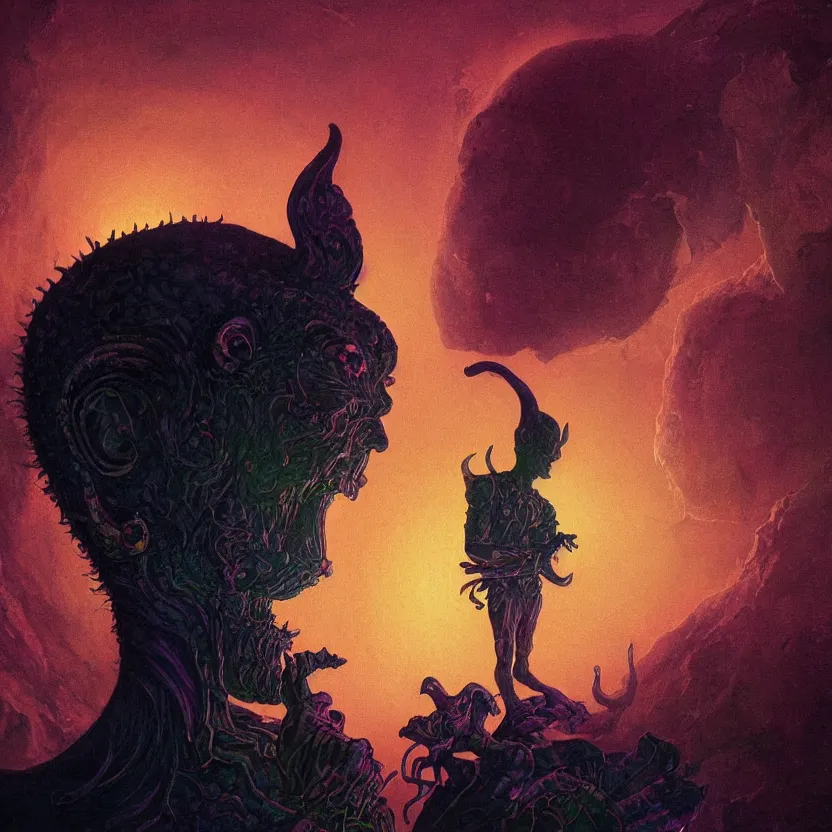 Prompt: a close - up view portrait of a silhouetted cosmic goblin meditating with iridescent glow - fi baroque neoclassicist halls. detailed textures. glowing colourful fog, dark black background. highly detailed fantasy fiction painting by moebius, norman rockwell, frank frazetta, and syd mead. rich colors, high contrast. artstation