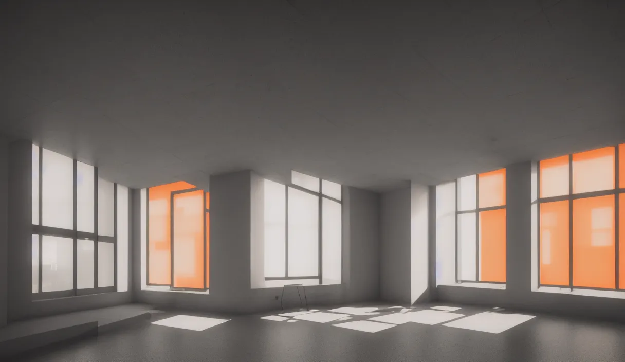 Image similar to a room in a brutalist building with small windows, orange neon lights, dramatic lighting, hyper realistic, photography, 3 5 mm, kodak film, 8 k, cg render, octane render, unreal engine render