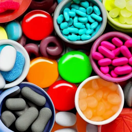 Image similar to Bowl containing a mixture of colorful, dangerous pills and harmless candies. Can you guess which is which?