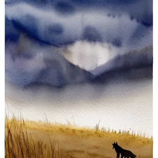 Prompt: a wolf in a beautiful natural scene. heath, sand dune, dry grass and trees. beautiful light, dramatic clouds. soft colour scheme. beautiful artistic detailed watercolor painting by lurid ( 2 0 2 2 ). deviantart.
