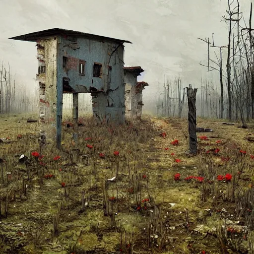 Prompt: painting by jakub rozalski of an abandoned post soviet town infested with root monsters