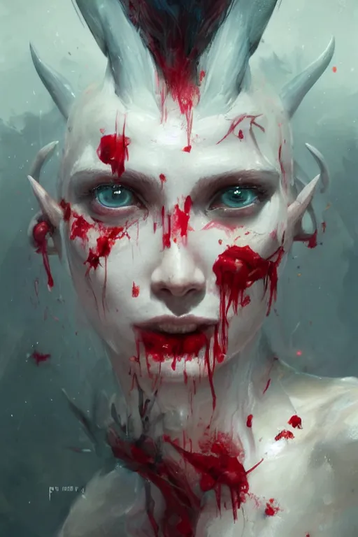 Prompt: abstract face closeup of beautiful girl predator covered with blood, white horns, 3 d render, hyper realistic detailed portrait, holding magic flowers, ruan jia, wlop. scifi, fantasy, hyper detailed, octane render, concept art, by peter mohrbacher, by wlop, by ruan jia