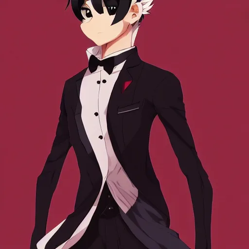 Image similar to key anime visual of a portrait anthropomorphic black male fox anthro furry fursona with long black hairstyle, wearing a wine red business suit, stern menacing male eyes, looking down, modern anime style