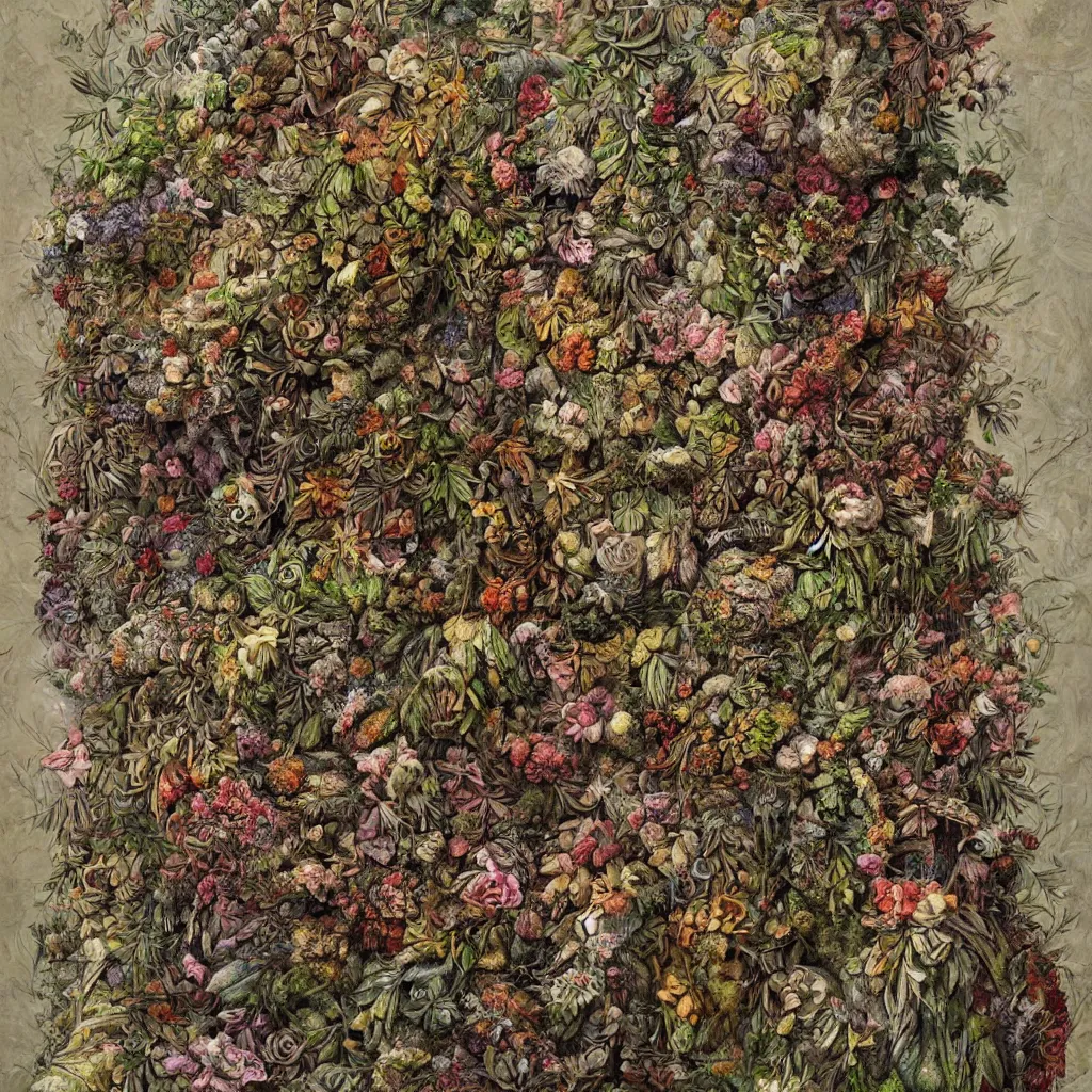 Image similar to a hyper detailed fine painting of a monster made of woods herbs flowers and plants, horror surrealism