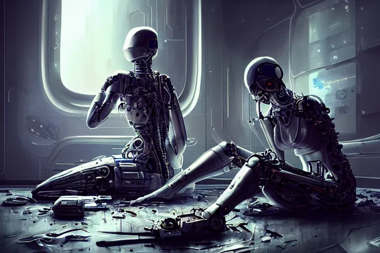 Image similar to Ultra realistic illustration, beautiful alluring damaged combat cyborg sitting on the floor of a crashed spaceship while being put back together in an super advanced military medical bay, discussing with other alluring cyborgs how to handle humans, cyberpunk, sci-fi, fantasy, intricate, elegant, highly detailed, digital painting, artstation, concept art, smooth, sharp focus, illustration, art by artgerm and greg rutkowski and alphonse mucha