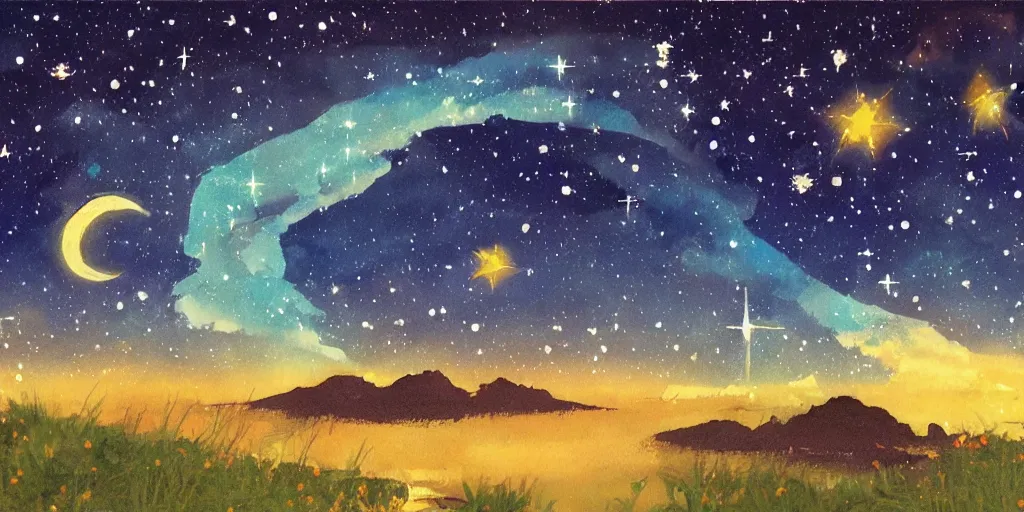 Image similar to night sky full of stars, soothing light, painting by studio ghibli - h 5 7 6