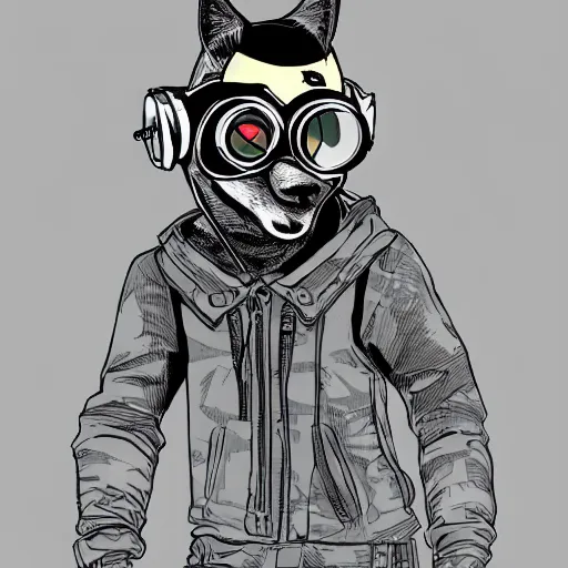 Prompt: anthropomorphic Raccon dressed in a cyberpunk outfit with goggles on the head, digital art