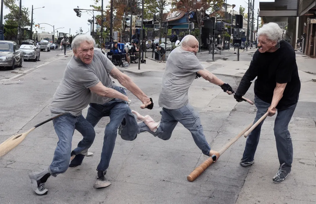 Image similar to jerma hitting a grandma with an aluminum baseball bat on the sidewalk