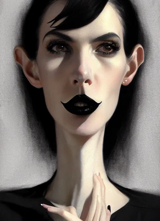 Image similar to portrait of a lanky woman with a crooked nose and a confident expression, 1 9 6 0 s, black clothes, goth, punk, funk, intricate, elegant, highly detailed, digital painting, artstation, concept art, smooth, sharp focus, illustration, art by wlop, mars ravelo and greg rutkowski