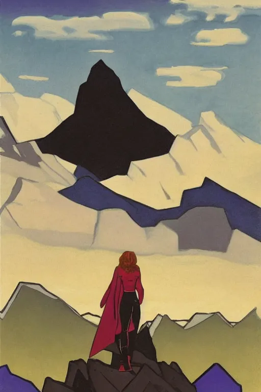 Prompt: black widow ( natasha romanova ), marvel, mountains, artwork by nicholas roerich,