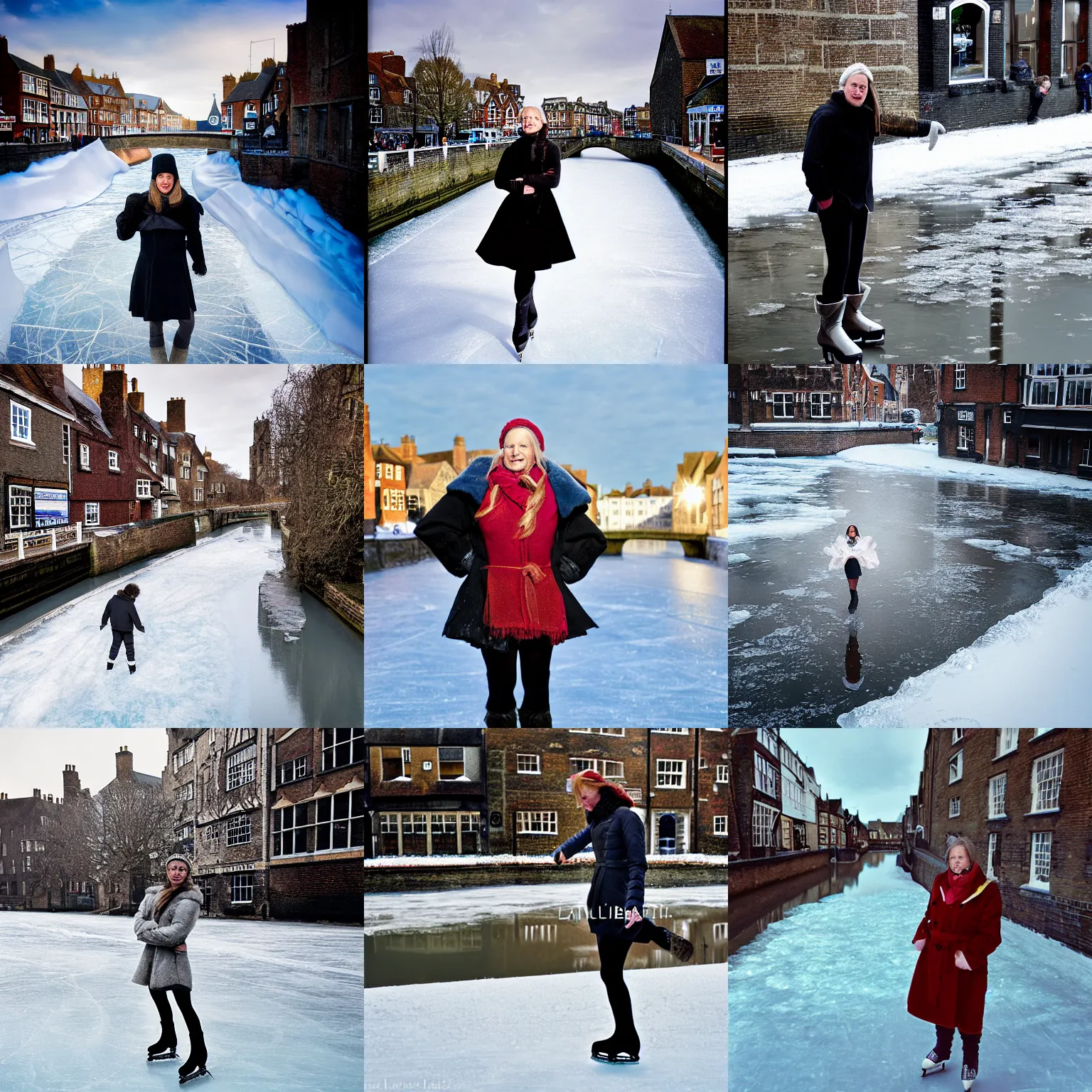 Prompt: ice skater on a frozen river stour in canterbury high street, photo portrait by annie leibovitz