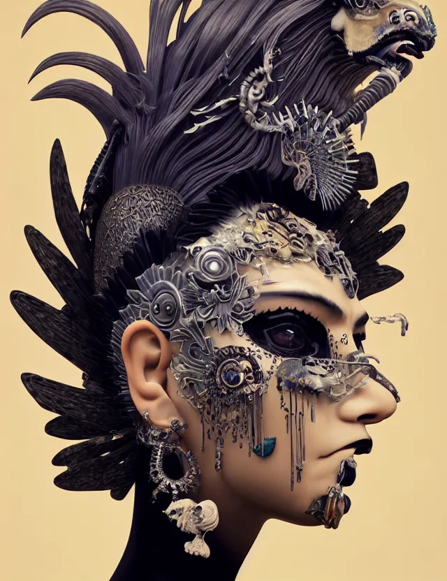 Image similar to 3 d goddess close - up profile portrait punk with mohawk in victorian style with ram skull. beautiful intricately detailed japanese crow kitsune mask and clasical japanese kimono. betta fish, jellyfish phoenix, bio luminescent, plasma, ice, water, wind, creature, artwork by tooth wu and wlop and beeple and greg rutkowski