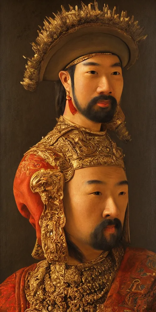 Image similar to Highly detailed and cinematic Renaissance period portrait oil painting Kublai Khan, an oil painting ((masterpiece)) by ((Josep Tapiró Baró)), dynamic lighting, 8K