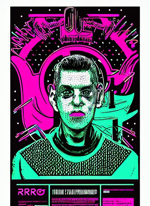 Image similar to a portrait of a poster for an underground techno rave with bold graphic design and unique fonts using very bold imagery and typesetting, risograph by art chantry, screenprinted risograph colors, halftone dots, streetwear graphic design, 4 k hd, artstation