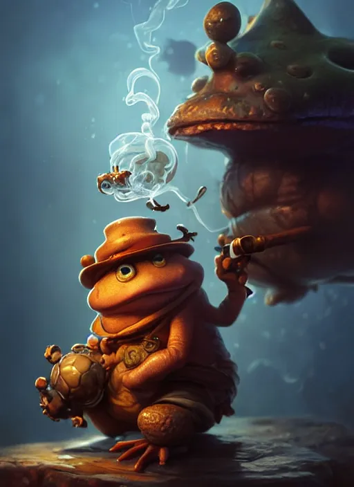 Image similar to cute toad alchemist smoking a wooden pipe, subsurface scattering, by jesper ejsing, justin gerard, tomasz alen kopera, cgsociety and fenghua zhong, highly detailed, rim light, cinematic lighting, illustration, art, octane render, very coherent, cinematic, hyper realism, high detail, octane render, 8 k