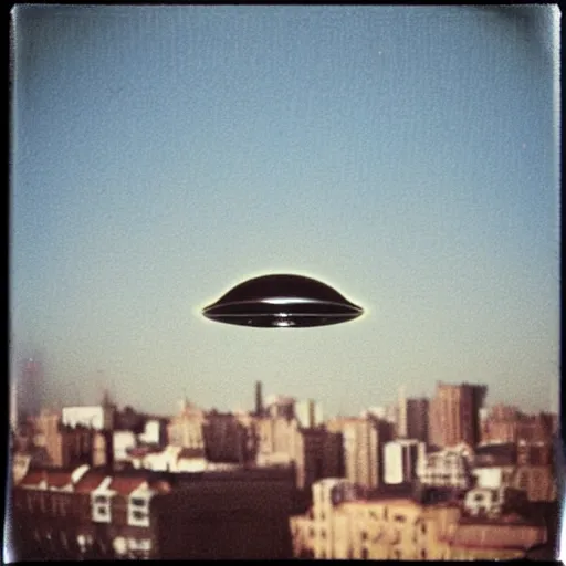 Prompt: a ufo flying over a city, distant!, blurry photo, old polaroid, expired film, historical photo,