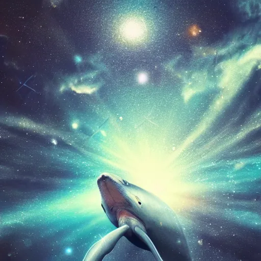 Image similar to portrait of space whale swimming on a dark night sky in space, flying across the universe, galaxies, oniric, dreamy, beautiful, highly detailed, realistic, cinematic, dynamic composition