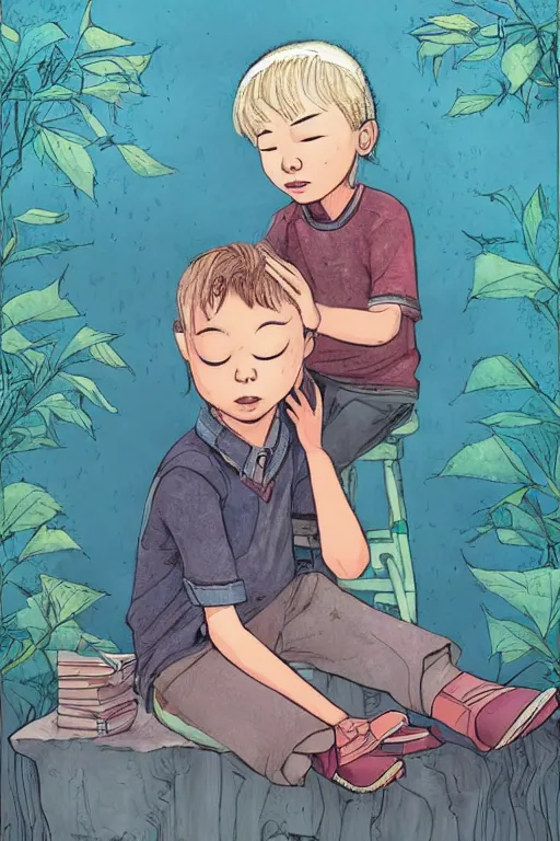 Image similar to child without dream, just sit and cry, art by jacqueline e, color by sam wilde and background by bo feng lin