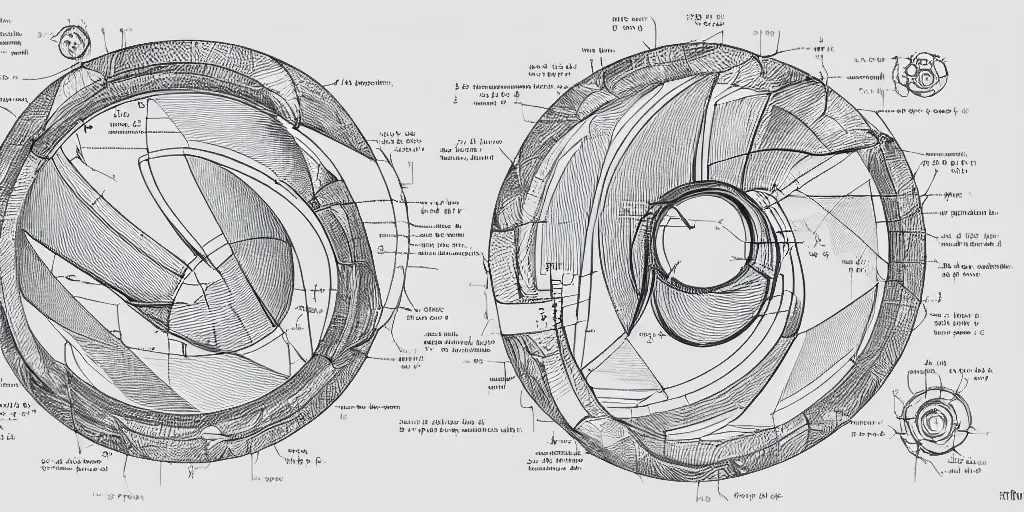 Prompt: highly detailed schematic, technical drawing, side view, toroid, universe designs