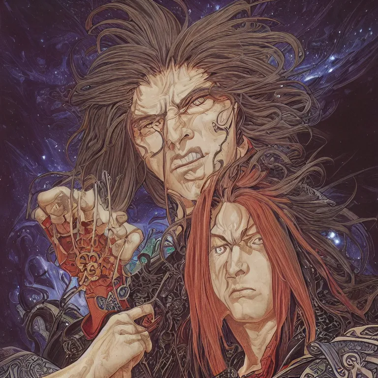 Image similar to portrait of Madara Uchiha by Jeff Easley and Peter Elson + beautiful eyes, beautiful face + symmetry face + border and embellishments inspiried by alphonse mucha, fractals in the background, galaxy + baroque, gothic, surreal + highly detailed, intricate complexity, epic composition, magical atmosphere + masterpiece, award winning + trending on artstation