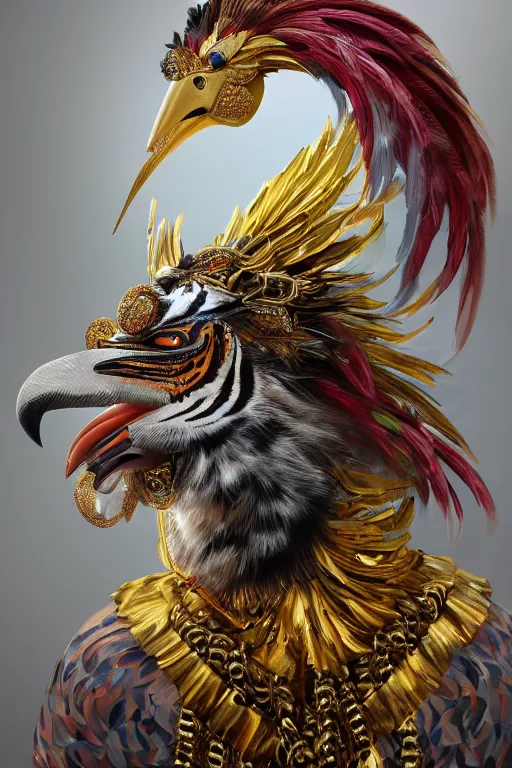 Prompt: masterful fantastic realist painting an exotic ancient feathered and bejeweled bird wearing an exquisite and fiercely painted bugaku mask of a tiger, gold chains strung like tinsel, digital painting trending on artstation, viciously blinded, volumetric lighting and mist, cosplay, portrait painting, hyperrealistic, octane render