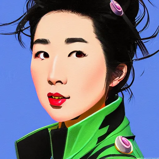 Image similar to Portrait painting Miki matsubara wearing a jacket and a collar, as an Overwatch character, medium shot, asymmetrical, profile picture, Organic Painting, sunny day, Matte Painting, bold shapes, hard edges, street art, trending on artstation, by Huang Guangjian and Gil Elvgren and Sachin Teng