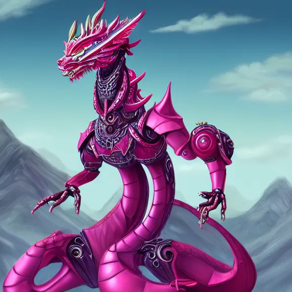 Image similar to extremely detailed fanart of a goddess that's a giant beautiful anthropomorphic robot female dragon, towering over mountains, elegant pose, shiny silver metal armor, fuchsia skin, digital art, furry art, furaffinity, DeviantArt, 8k HD