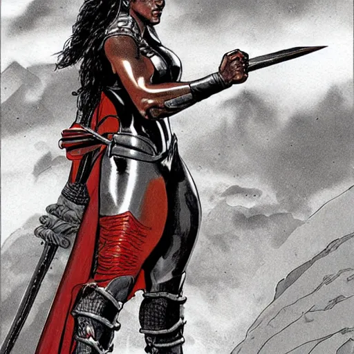 Image similar to a muscular bronze - skinned black - haired woman warrior wearing xena armor and a red cape, on a hostile planet, highly detailed, ron cobb, moebius, heavy metal magazine, mike mignola, trending on art station, illustration, comic book