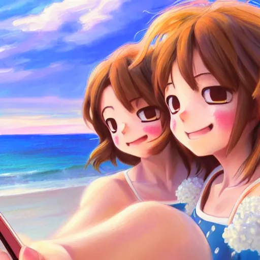 Image similar to beautiful serene intricate very detailed portrait of ochako uraraka and ochako uraraka taking a selfie, smiling softly, relaxing on the beach, golden hour, soft focus, 8 k, art by irakli nadar, hyperrealism, hyperdetailed, ultra realistic