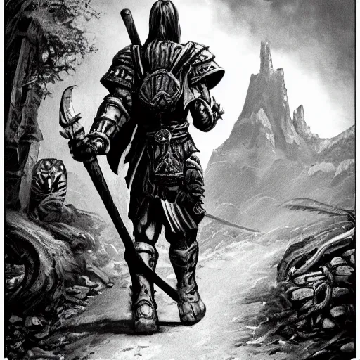 Prompt: warrior walking on the road, old school dungeons and dragons art, old school fpr, black and white image