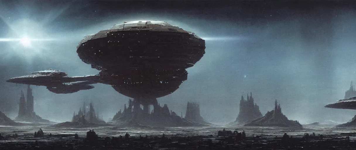 Image similar to concept art, a single huge mothership, a ship traveling to new worlds, deep space exploration, the expanse tv series, industrial design, dynamic angle, motion, spatial phenomena, cinematic lighting, 4k, greebles, widescreen, wide angle, beksinski, sharp and blocky shapes