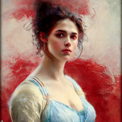 Image similar to Solomon Joseph Solomon and Richard Schmid and Jeremy Lipking victorian genre painting portrait painting of a young beautiful woman marverl DC comic book character fantasy costume, red background