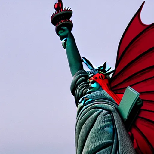 Image similar to Lady Liberty riding the red dragon of 龙