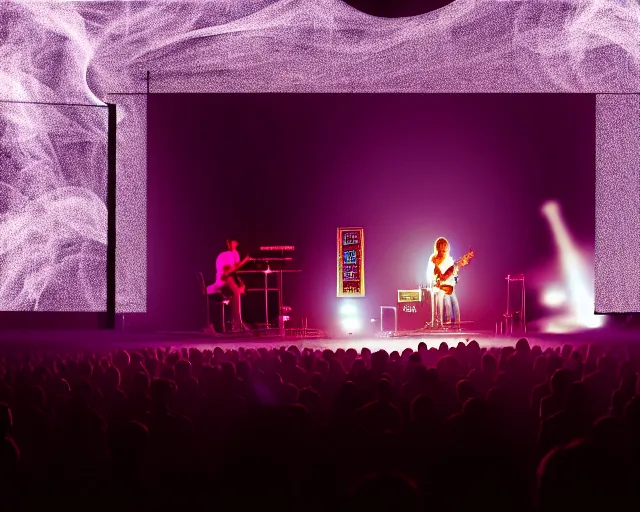 Prompt: singer songwriter on stage, band playing, giant led screens, soft colors, glowing - thin - wires, smoke, dust, ultrafine detail, ornate, associated press photo, band playing instruments, smoke, detailed projections, volumetric