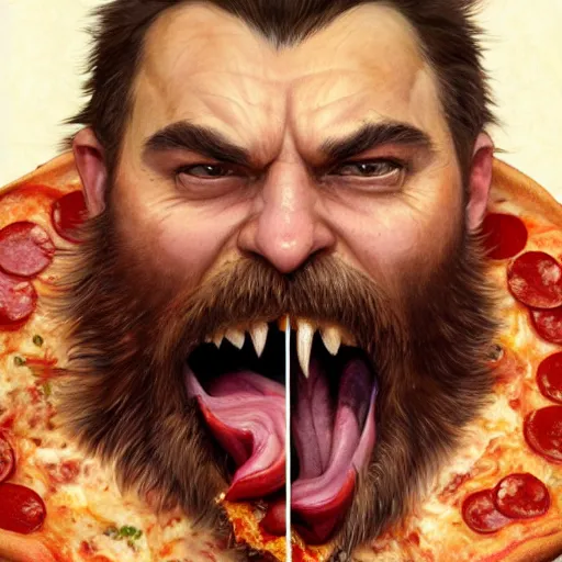 Image similar to portrait of gritty opening his mouth to eat pizza, highly detailed, digital painting, artstation, concept art, sharp focus, illustration, art by artgerm and greg rutkowski and alphonse mucha