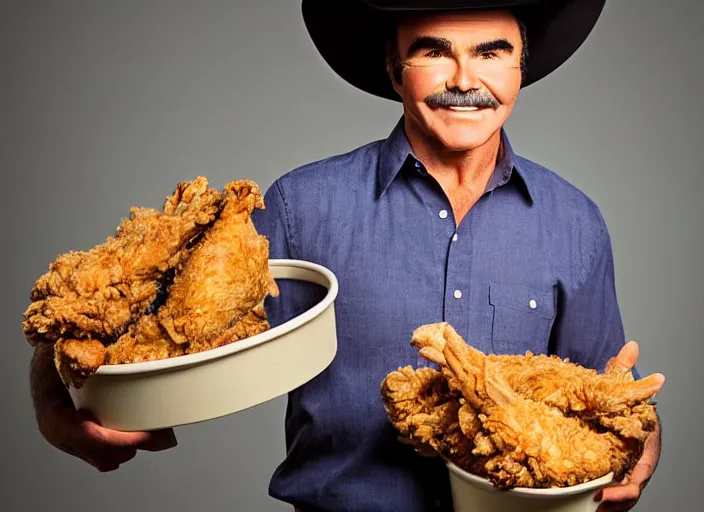 Image similar to studio portrait photo still of 2 0 year old burt reynolds!!!!!!!! at age 2 0 2 0 years old 2 0 years of age!!!!!!! wearing a cowboy hat holding a bucket of fried chicken, 8 k, 8 5 mm f 1. 8, studio lighting, rim light, right side key light