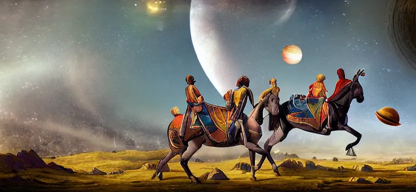 Image similar to a view of planets in the sky from horseback, medieval fantasy, digital art, extreme detail