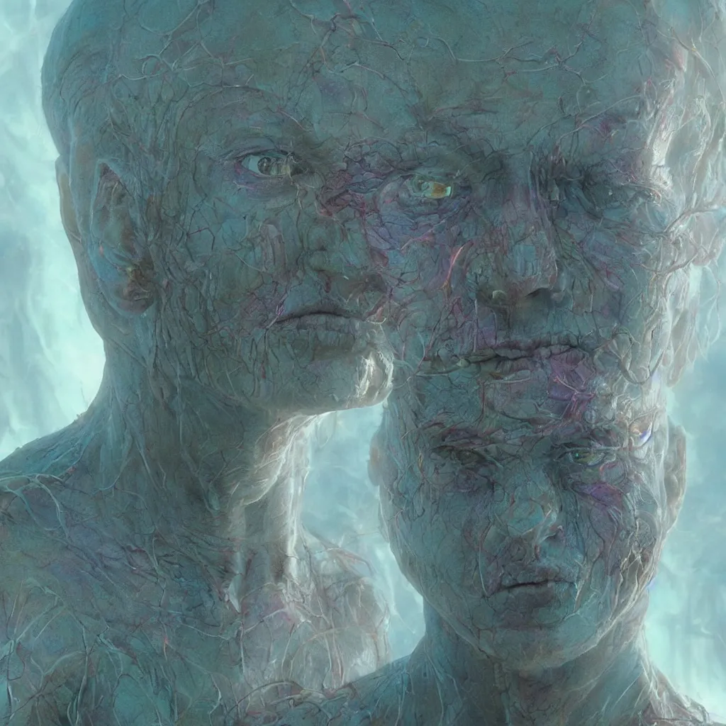 Prompt: extremely detailed cinematic movie still medium shot of enlightened iridiscent goddess hyperreal skin face by denis villeneuve, wayne barlowe, simon birch, marc simonetti, philippe druillet, beeple, alex grey bright volumetric sunlight, rich moody colors, bokeh