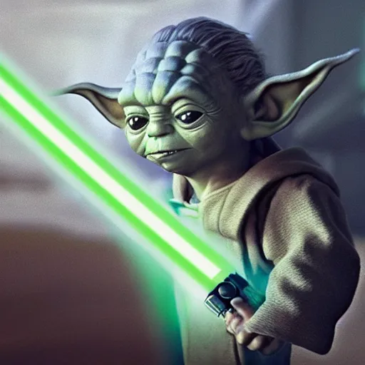 Image similar to young yoda with his lightsaber, au naturel, hyper detailed, digital art, trending in artstation, cinematic lighting, studio quality, smooth render, unreal engine 5 rendered, octane rendered, art style by klimt and nixeu and ian sprigger and wlop and krenz cushart