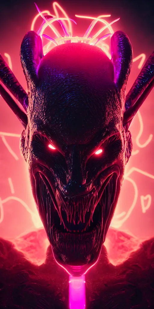 Image similar to synthwave demonic alien face with neon horns, detailed face, sharp focus, synthwave art, aesthetic, octane render, raw, cinematic