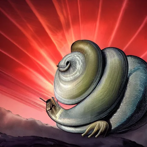 Image similar to a gian snail overlord being shinned by god rays covering the center surrounded by giant clouds surrounding the snail