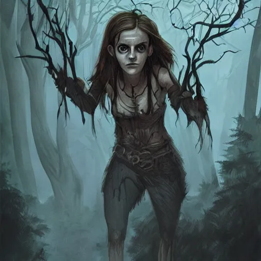 Prompt: emma watson as a goblin, dark forest, dnd art, fantasy art