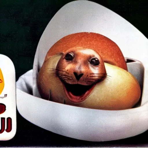 Image similar to 1980s McDonalds TV ad still for a baby seal disguised as a loaded baked potato with Danny DeVito