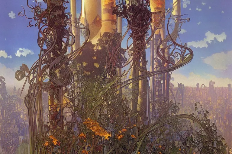 Image similar to morning autumn medievil tall crumbling smokestacks with mushroom clouds lightening in the background by alphonse mucha, rodney matthews, trending on artstation.