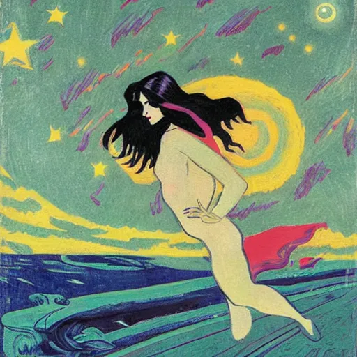 Prompt: spaceghost coast to coast by robert antoine pinchon. a beautiful print of a woman with long flowing hair, wild animals, & a dark, starry night sky.