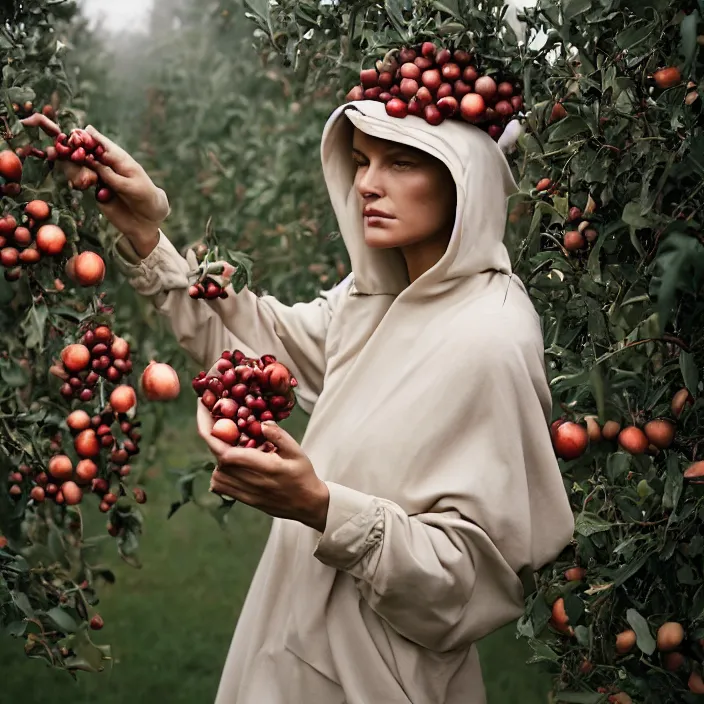 Prompt: a closeup portrait of a woman wearing futuristic material, picking pomegranates from a tree in an orchard, foggy, moody, photograph, by vincent desiderio, canon eos c 3 0 0, ƒ 1. 8, 3 5 mm, 8 k, medium - format print