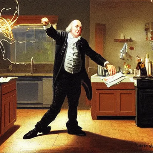 Image similar to benjamin franklin angrily throwing a string of led lights in the trash in a modern kitchen by rockwell