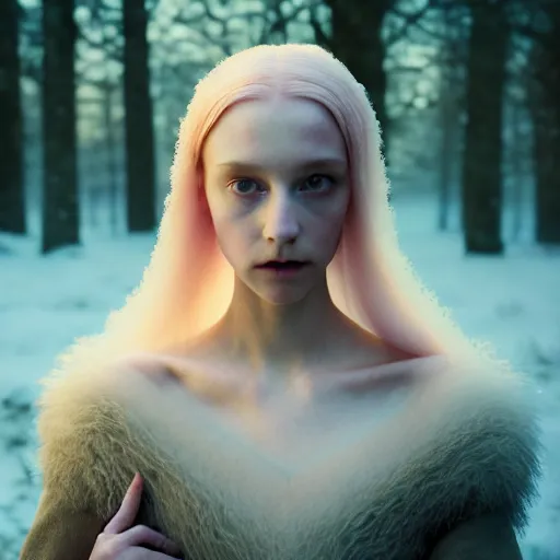 Image similar to photographic portrait of a stunningly beautiful english renaissance female in soft dreamy light at sunset, frozen forest, soft focus, gothic, contemporary fashion shoot, in a denis villeneuve and tim burton movie, by edward robert hughes, annie leibovitz and steve mccurry, david lazar, jimmy nelsson, extremely detailed, breathtaking, hyperrealistic, perfect face, octane render