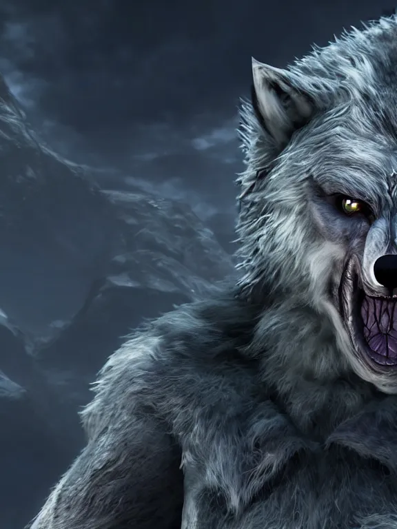 Image similar to cute handsome cuddly werewolf from van helsing unreal engine hyperreallistic render 8k character concept art masterpiece screenshot from the video game the Elder Scrolls V: Skyrim