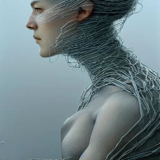 Prompt: Woman portrait, ice crystal wires everywhere, flat background, by Edgar Maxence and Ross Tran, Zdzisław Beksiński, and Michael Whelan, distant, gustav dore, H.R. Giger, 8k, octane render